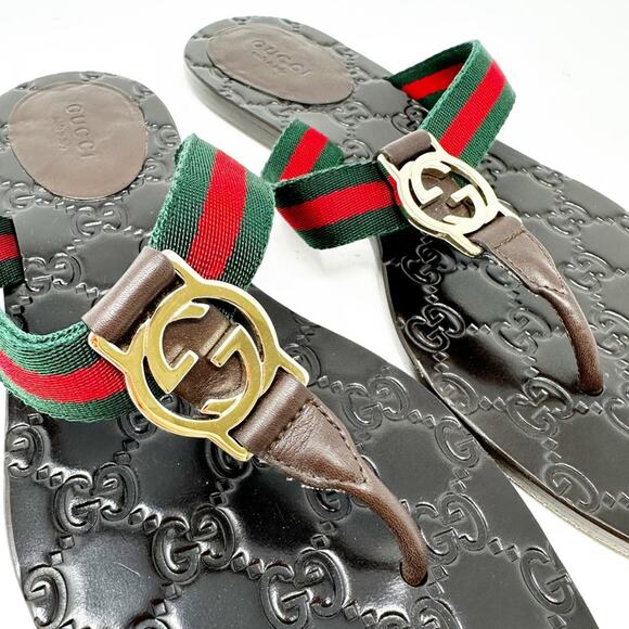 Gucci GG Thong Web Stripe Sandals Flip Flops - Picture 4 of 12